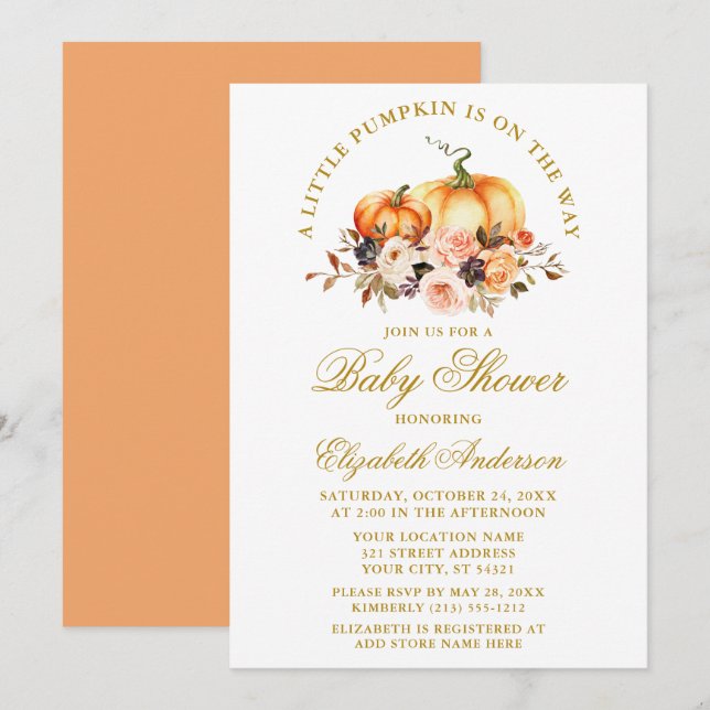 Invitación Calabazas acuarelas otoño Floral Gold Baby Shower (Anverso / Reverso)
