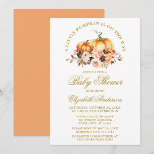Invitación Calabazas acuarelas otoño Floral Gold Baby Shower