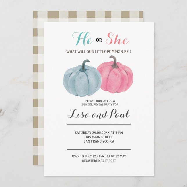 Invitación Calabazas azules rosas que revelan su género (Anverso / Reverso)