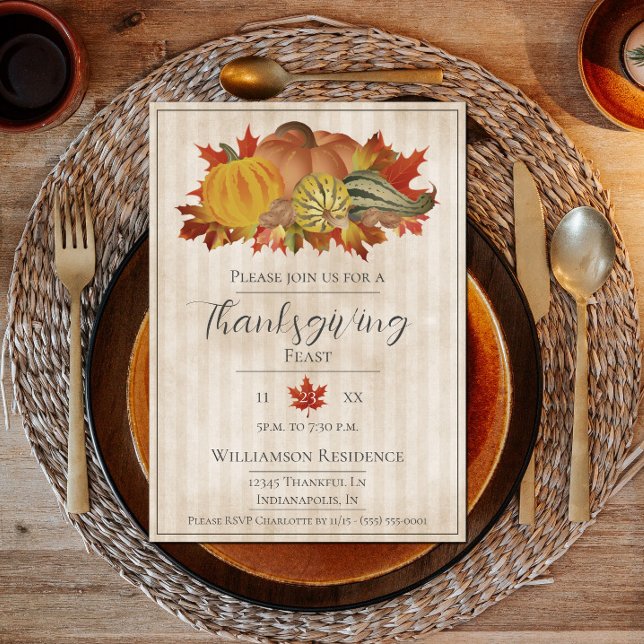 Invitación Calabazas beiges de Acción de Gracias y cena de sq (Thanksgiving Pumpkins and Squash Dinner Party Invite - Beige)