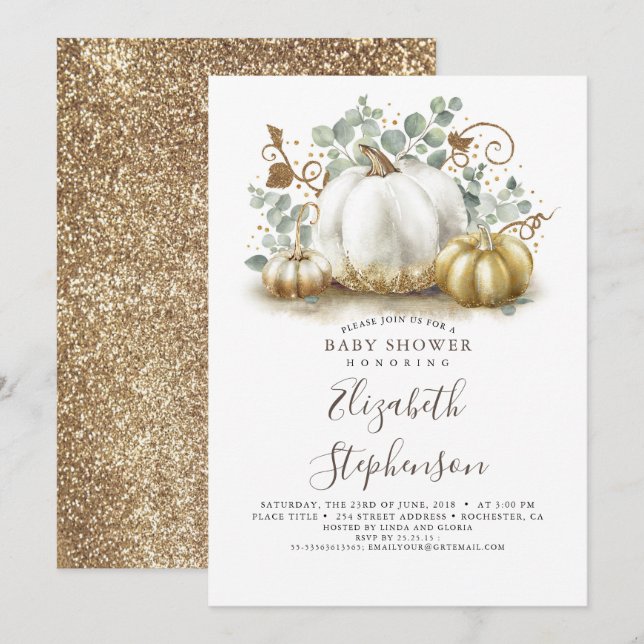 Invitación Calabazas blancas y de oro caen en Baby Shower (Anverso / Reverso)