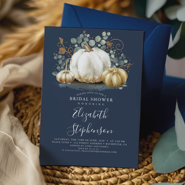 Invitación Calabazas blancas y doradas caen invitativa de duc (Pumpkins Navy Blue Fall Bridal Shower Invitation)