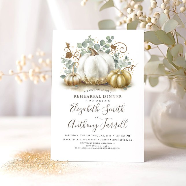 Invitación Calabazas blancas y doradas ensayo de otoño cena (Rehearsal Dinner with Gold Pumpkins and Eucalyptus Invitations)