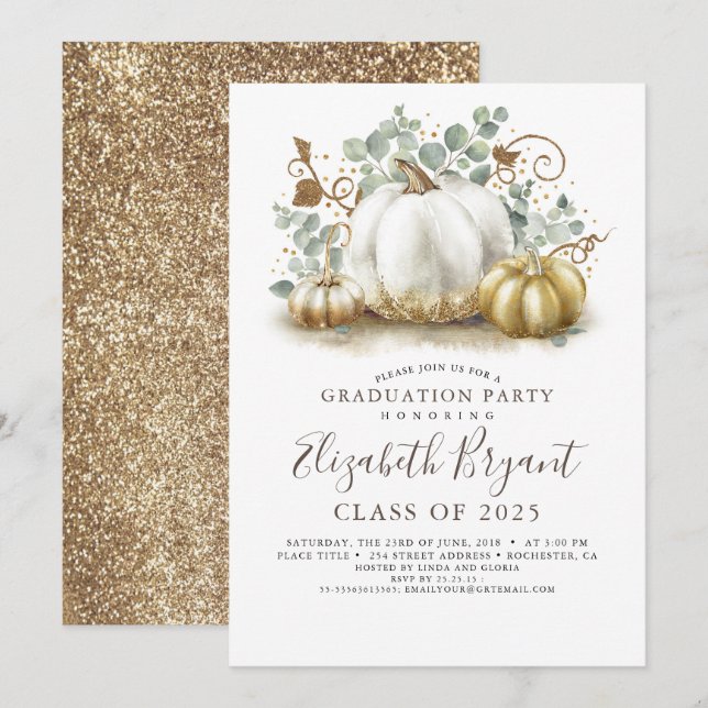 Invitación Calabazas blancas y doradas se retiran de la gradu (Anverso / Reverso)