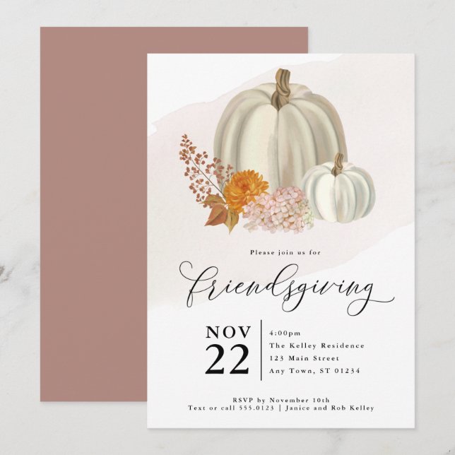 Invitación Calabazas blancas y flores de otoño, amistad (Anverso / Reverso)