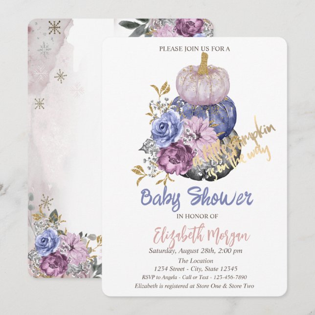 Invitación Calabazas Chic, Flores Baby Shower (Anverso / Reverso)