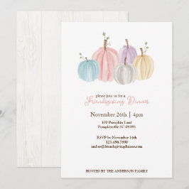 Invitación Calabazas de Acción de Gracias en acuarela pastel 