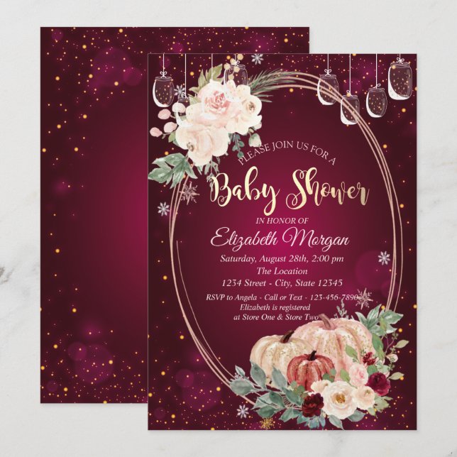 Invitación Calabazas de acuarela,Luces,Flores Shower de bebé  (Anverso / Reverso)