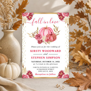 Invitación Calabazas de Bomba con Floral Rosa y Dorado Otoño 