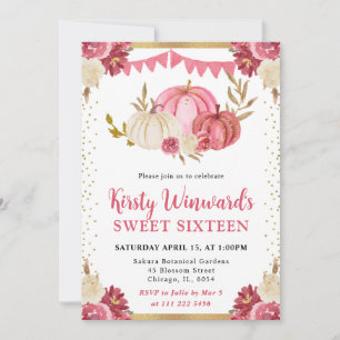 Invitación Calabazas de bomba florales rosadas y doradas Otoñ