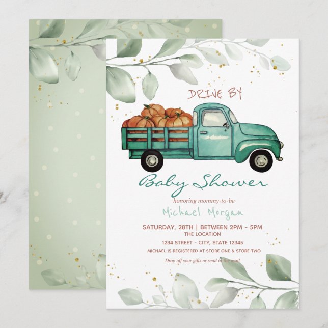 Invitación Calabazas de Camión Fiesta de Bebé Drive By (Anverso / Reverso)