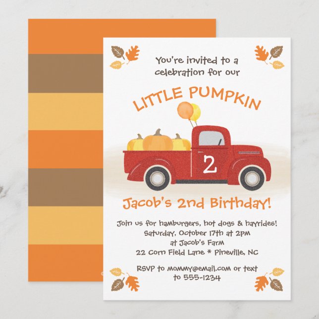 Invitación Calabazas de camiones rojos dejan Fiesta de cumple (Anverso / Reverso)