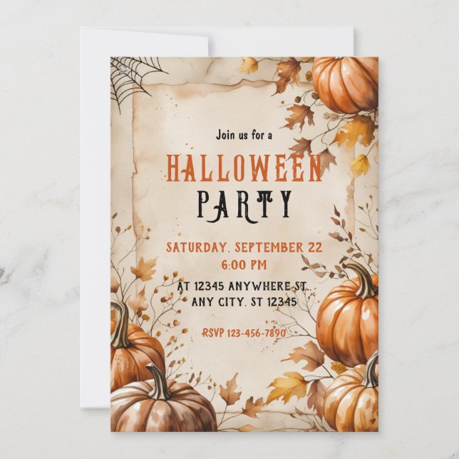Invitación Calabazas de época, hojas secas, fiesta de Hallowe (Anverso)