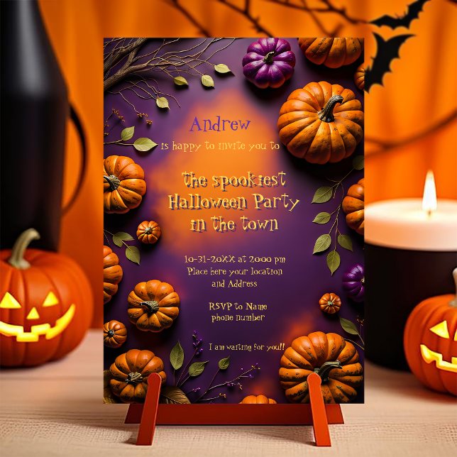 Invitación Calabazas de Halloween (Halloween Invitation. customizable illustration full of pumpkins on orange and purple background)