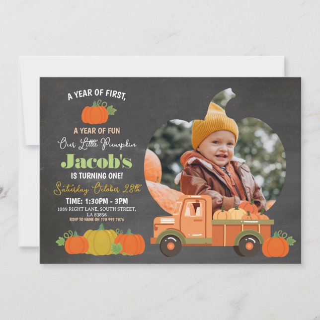 Invitación Calabazas de los tractores Cumpleaños Primera Foto (Anverso)