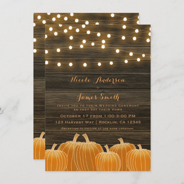 Invitación Calabazas de Luces Rústicas para Boda de Otoño (Anverso / Reverso)