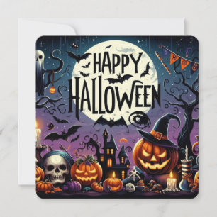 Invitación Calabazas de Noche de Halloween, Calaveras y Casa