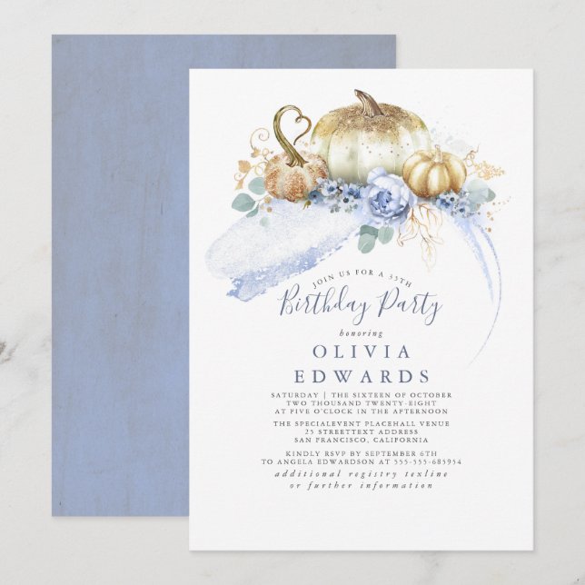 Invitación Calabazas de oro Duste Blue Floral Fall Cumpleaños (Anverso / Reverso)