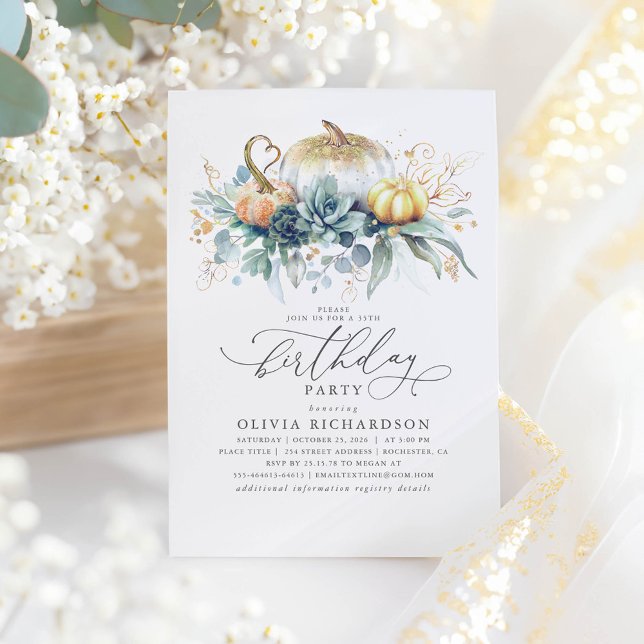 Invitación Calabazas de oro suculentas vegetación otoño cumpl (Pumpkins and Greenery Birthday Invitation)