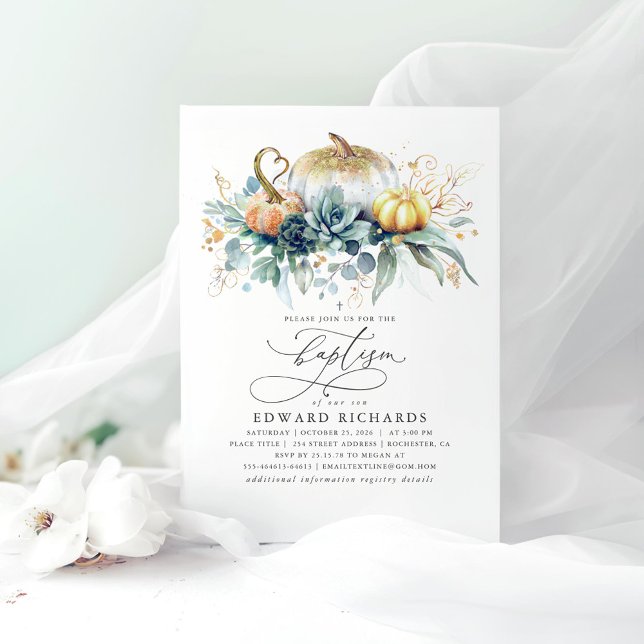 Invitación Calabazas de oro y suculentos vegetación caen baut (Pumpkins Greenery Baptism Invitations)
