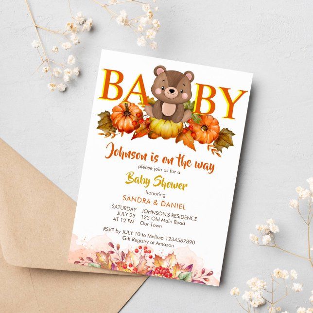 Invitación Calabazas de oso de peluche caen ducha de bebé lin (Pumpkin fall baby shower cute teddy bears and autumn foliage invitations instant download)