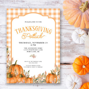 Invitación Calabazas de otoño a cuadros Potluck de Acción de