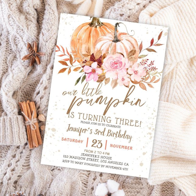 Invitación Calabazas de otoño acuarela Boho Chica 3 cumpleaño (Subido por el creador)