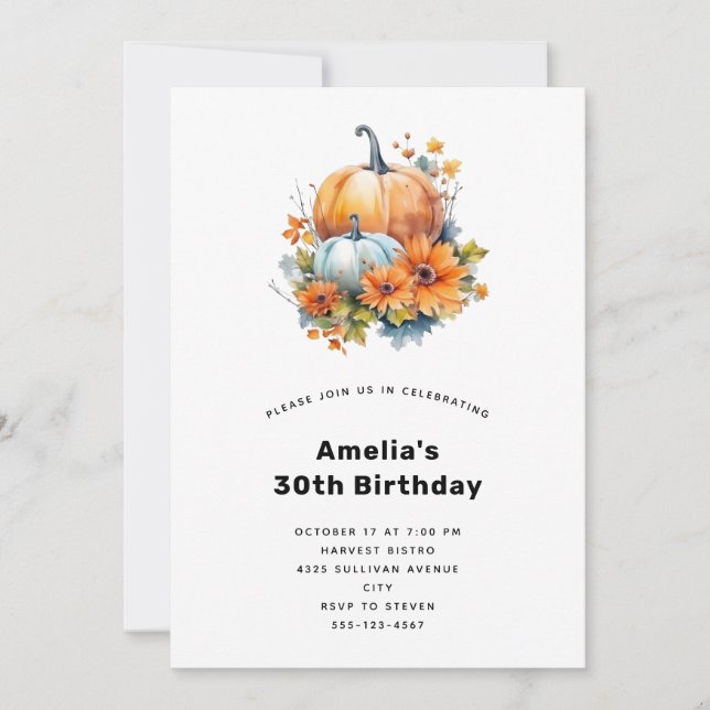 Invitación Calabazas de Otoño con Flores y Cumpleaños de Foll (Anverso)