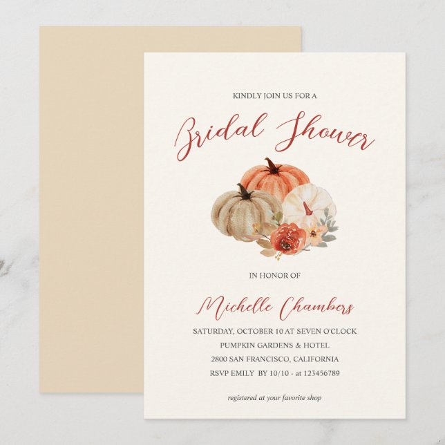 Invitación Calabazas De Otoño Flores Elegantes Ducha Novial E (Anverso / Reverso)