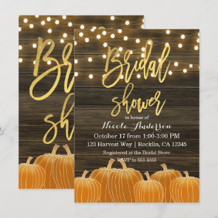 Invitación Calabazas de Otoño Luces de Madera Papel de Oro pa