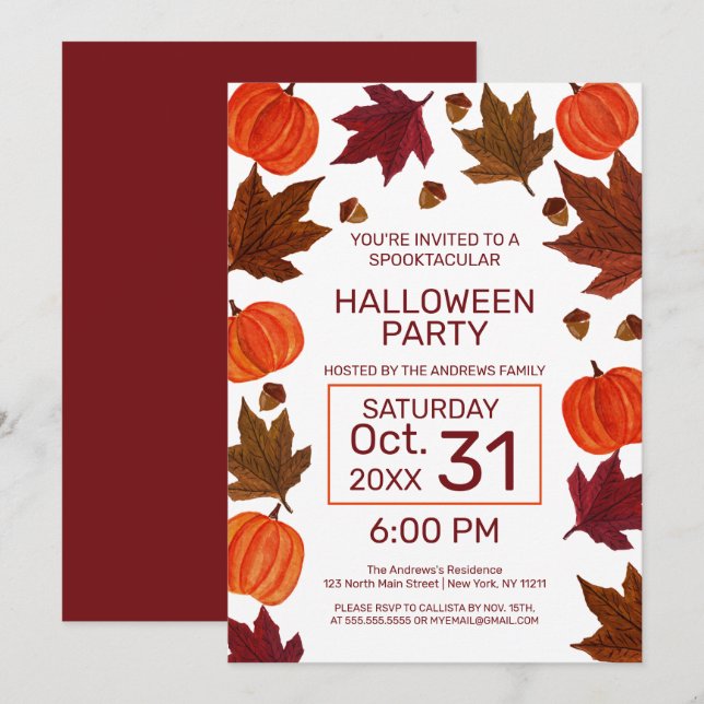 Invitación Calabazas de otoño maple deja acuarela Halloween (Anverso / Reverso)