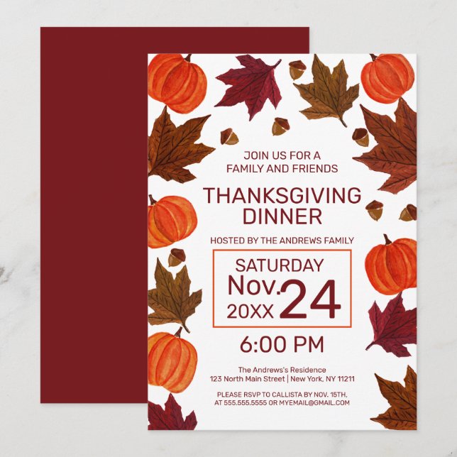 Invitación Calabazas de otoño Maple Leaves Acuarela Acción de (Anverso / Reverso)