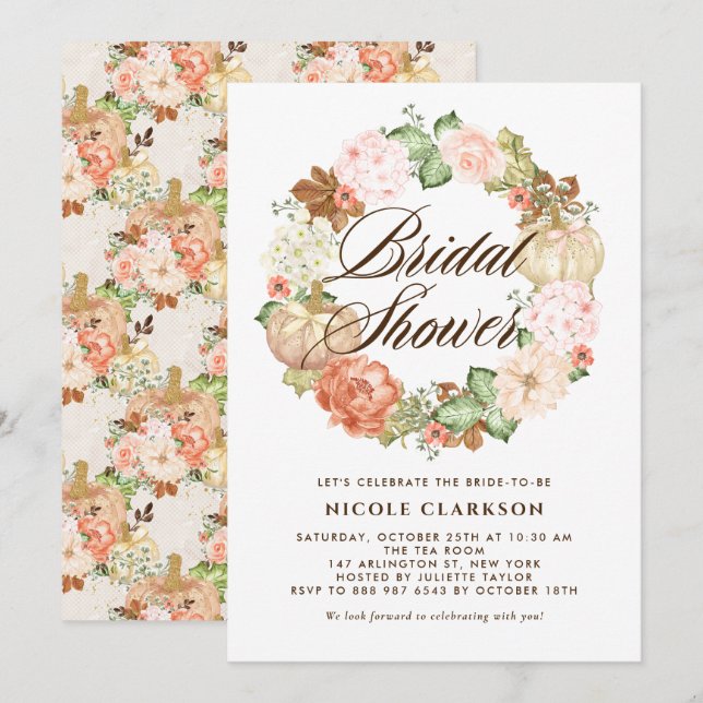 Invitación Calabazas de Purpurina de oro Wreath Fall Bridal S (Anverso / Reverso)