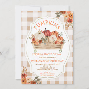 Invitación Calabazas dejan Hay Otoño Gingham Primer Cumpleaño