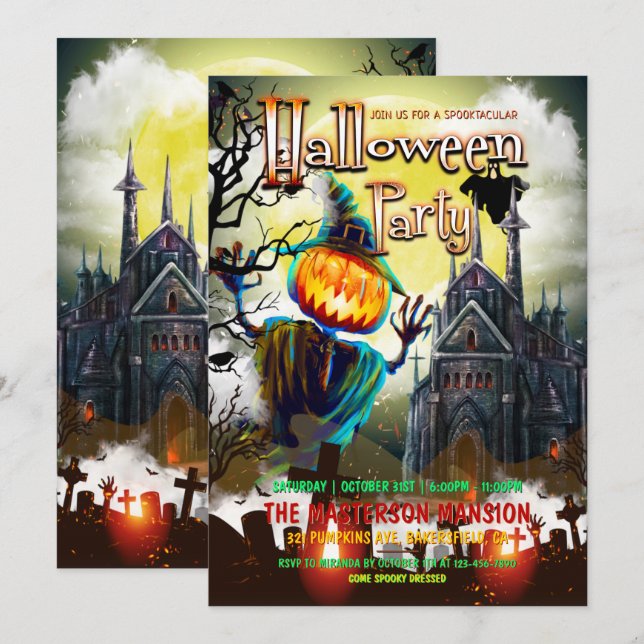 Invitación Calabazas espeluznantes, cementerio, fiesta de Fan (Anverso / Reverso)