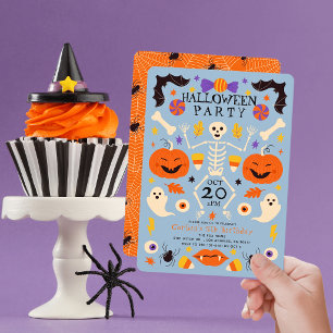 Invitación Calabazas Esqueleto Fantasmas Azul Cumpleaños de H