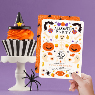 Invitación Calabazas Esqueleto Fantasmas Cumpleaños de Hallow