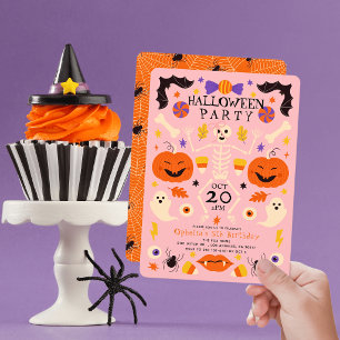 Invitación Calabazas Esqueleto Fantasmas Rosa Cumpleaños de H