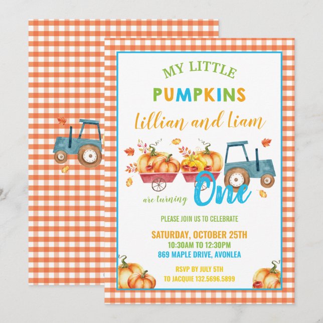 Invitación Calabazas Fiesta de Cumpleaños Cosecha Camiones Ge (Anverso / Reverso)