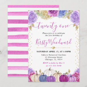 Invitación Calabazas Florales Azules Purpúreas Cumpleaños 21