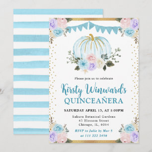 Invitación Calabazas Florales Azules y Moradas Otoño Quinceañ