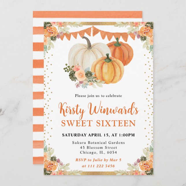 Invitación Calabazas florales blancas y naranjas se hacen dul (Anverso / Reverso)