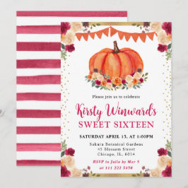 Invitación Calabazas Florales de Naranja Quemada y Rojo Otoño