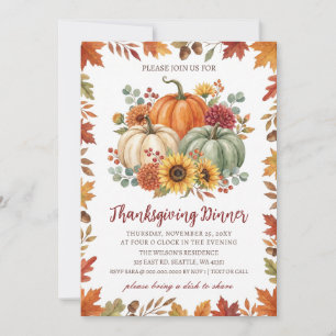 Invitación Calabazas Florales de Otoño Acción de Gracias Cena