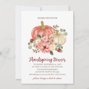 Invitación Calabazas Florales de Otoño Acción de Gracias Cena