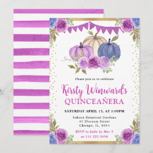 Invitación Calabazas Florales Moradas y Azules Quinceañera de