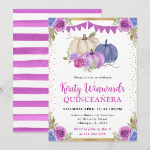 Invitación Calabazas Florales Moradas y Azules Quinceañera de