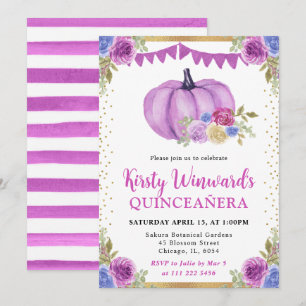 Invitación Calabazas Florales Moradas y Azules Quinceañera de