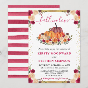 Invitación Calabazas Florales Naranja Quemado y Rojo Boda de