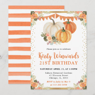 Invitación Calabazas Florales Naranjas Cumpleaños 21 Otoño